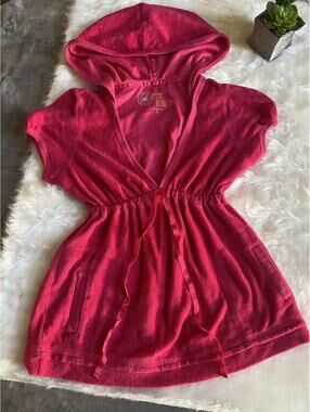 Pink Hooded Short Sleeve Drawstring Waist Cover-Up Size Small (Women)